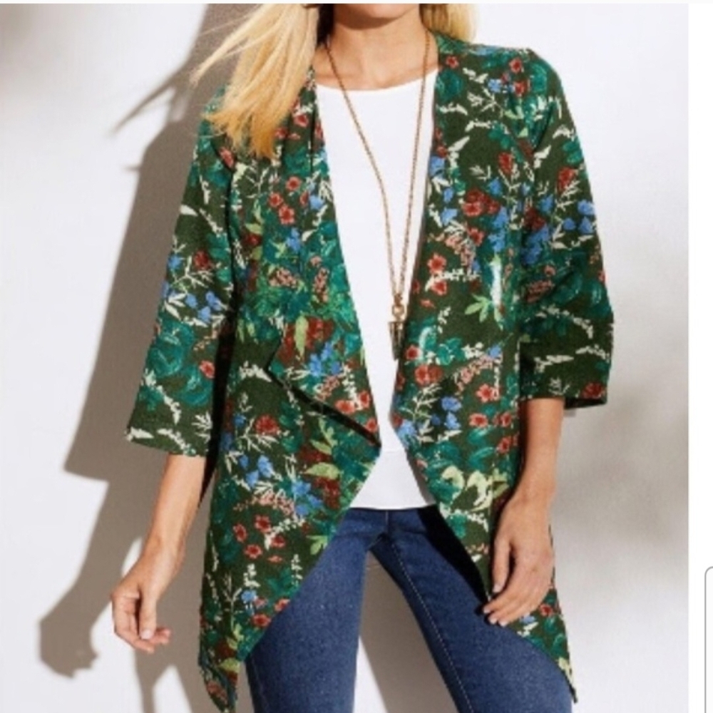 NWT Soft Surroundings Cottage Garden Topper Botanical Green Open Cardigan S